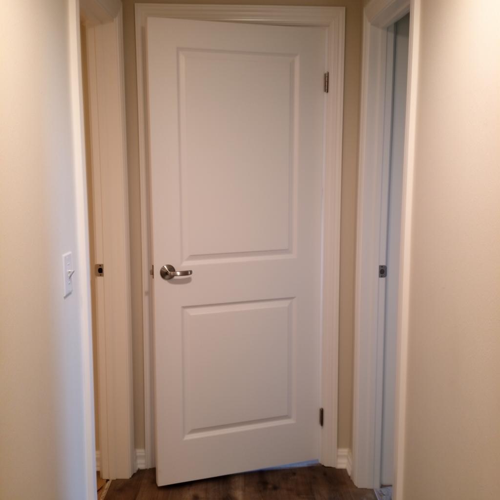 Newly installed white interior panel door with brushed nickel lever handle
