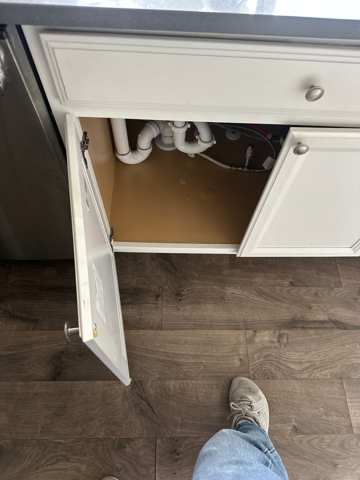 Under-sink cabinet cleared for disposal work