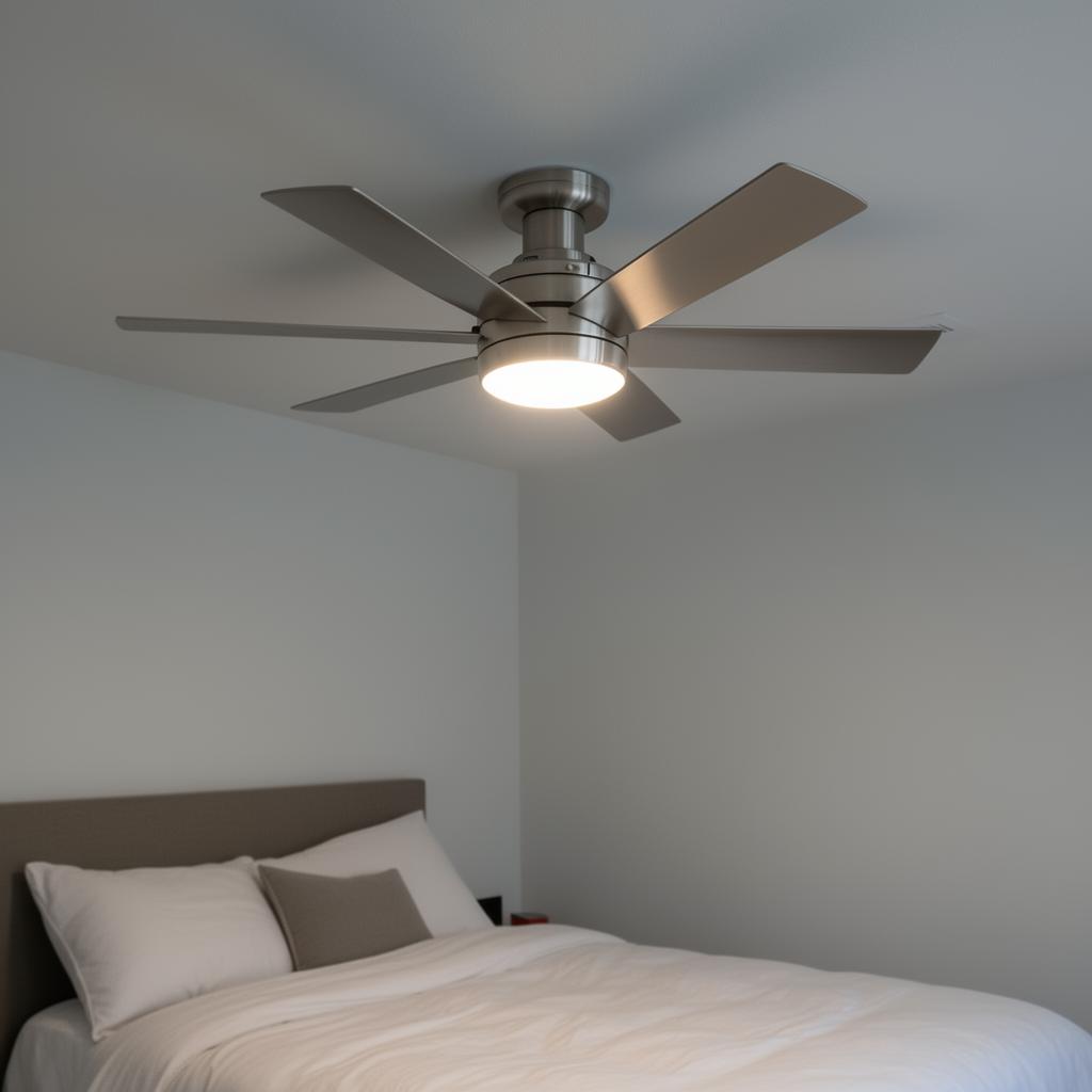 Modern brushed nickel ceiling fan with LED light installed in bedroom