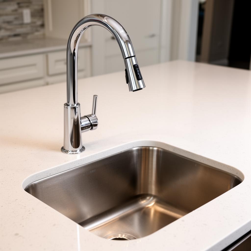 New chrome pull-down kitchen faucet on white quartz counter with stainless sink