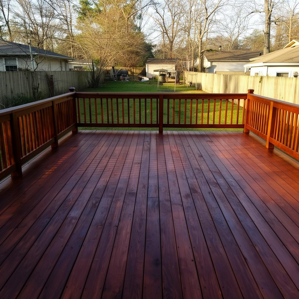 Freshly stained dark walnut backyard deck with matching railings