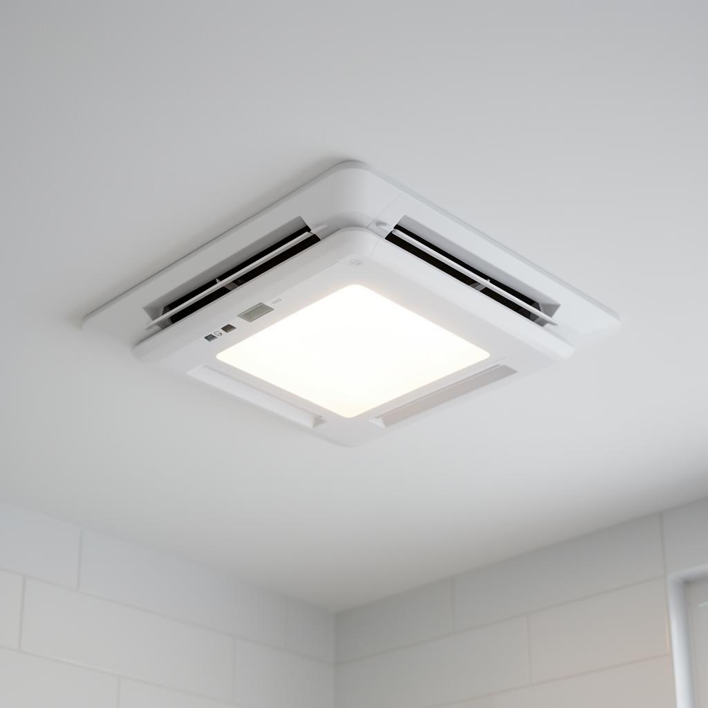Modern white bathroom exhaust fan with LED light installed on ceiling